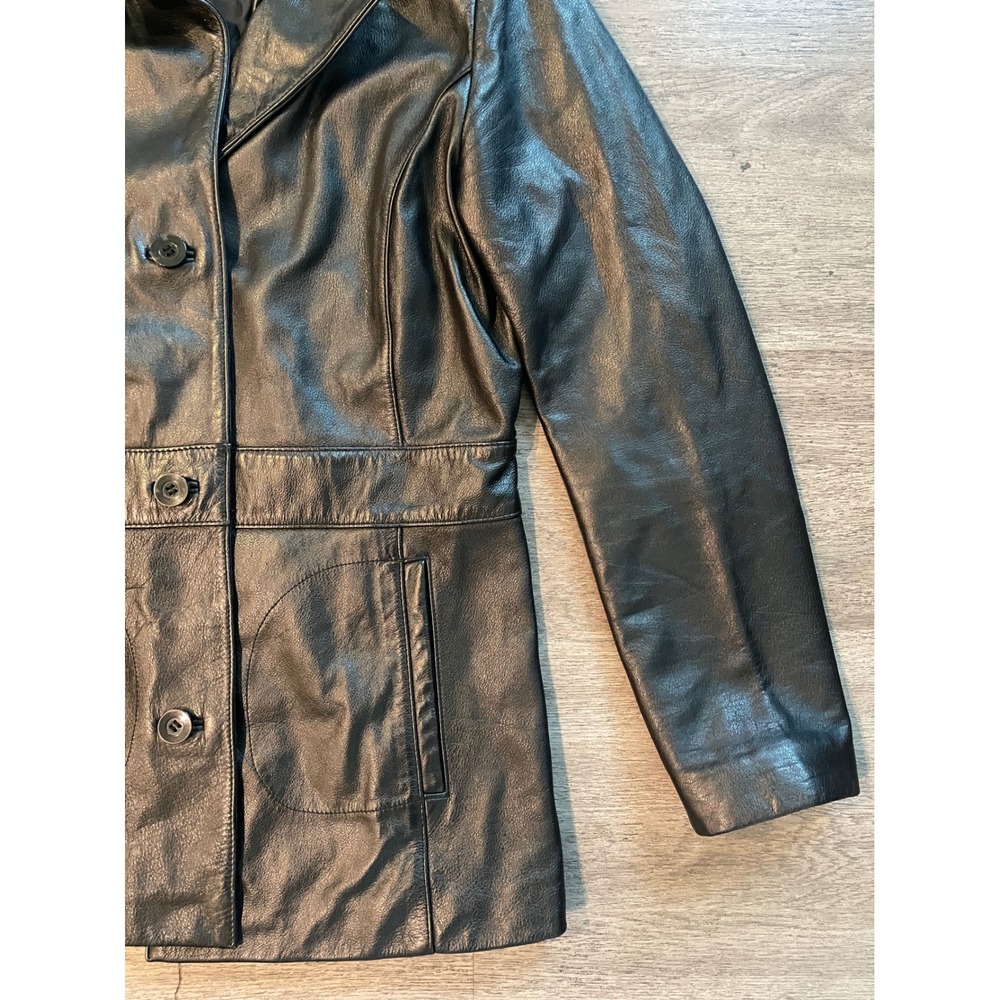 VTG Wilsons Leather Black Genuine Leather Button Front Blazer Jacket Medium - Picture 2 of 7